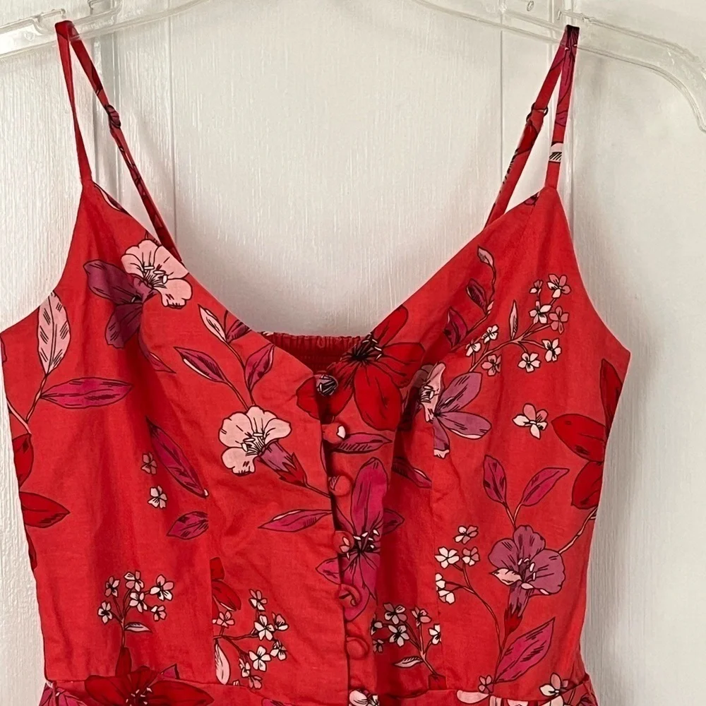 Banana Republic Cropped Linen Cotton Wide Leg Cropped Jumpsuit Red Floral Size 2